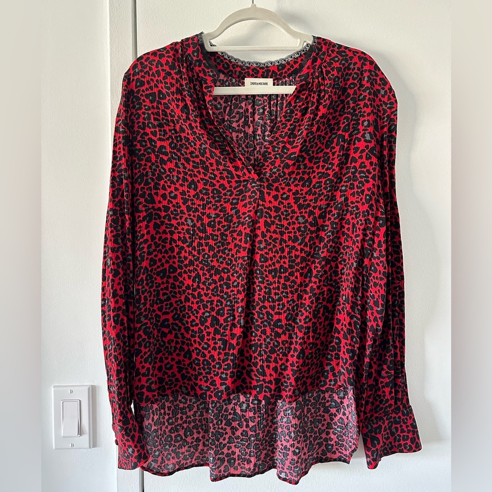Zadig and Voltaire Red Leopard Blouse with Black Lace Trim